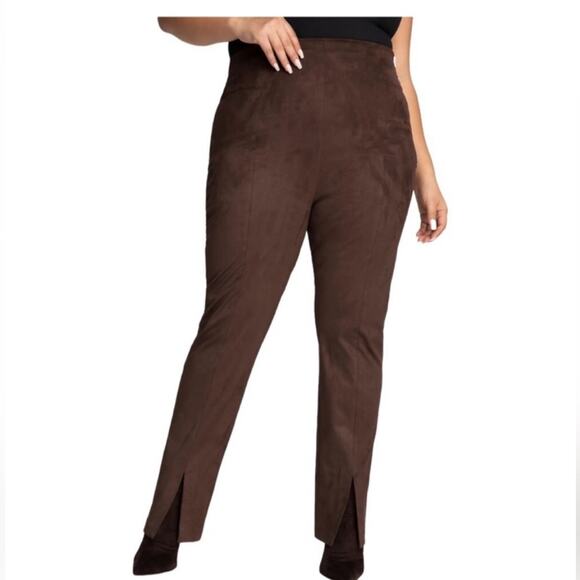 Good American Chocolate Brown Faux Suede Pant Size 8 Boss Split Hem Straight Leg - Picture 12 of 16